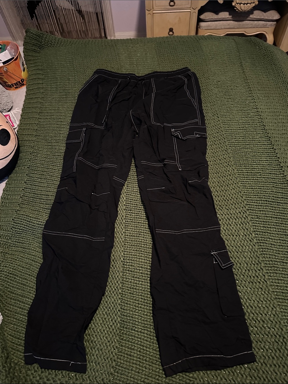 American Stitch Black Cargo Track Pants with White Stitching